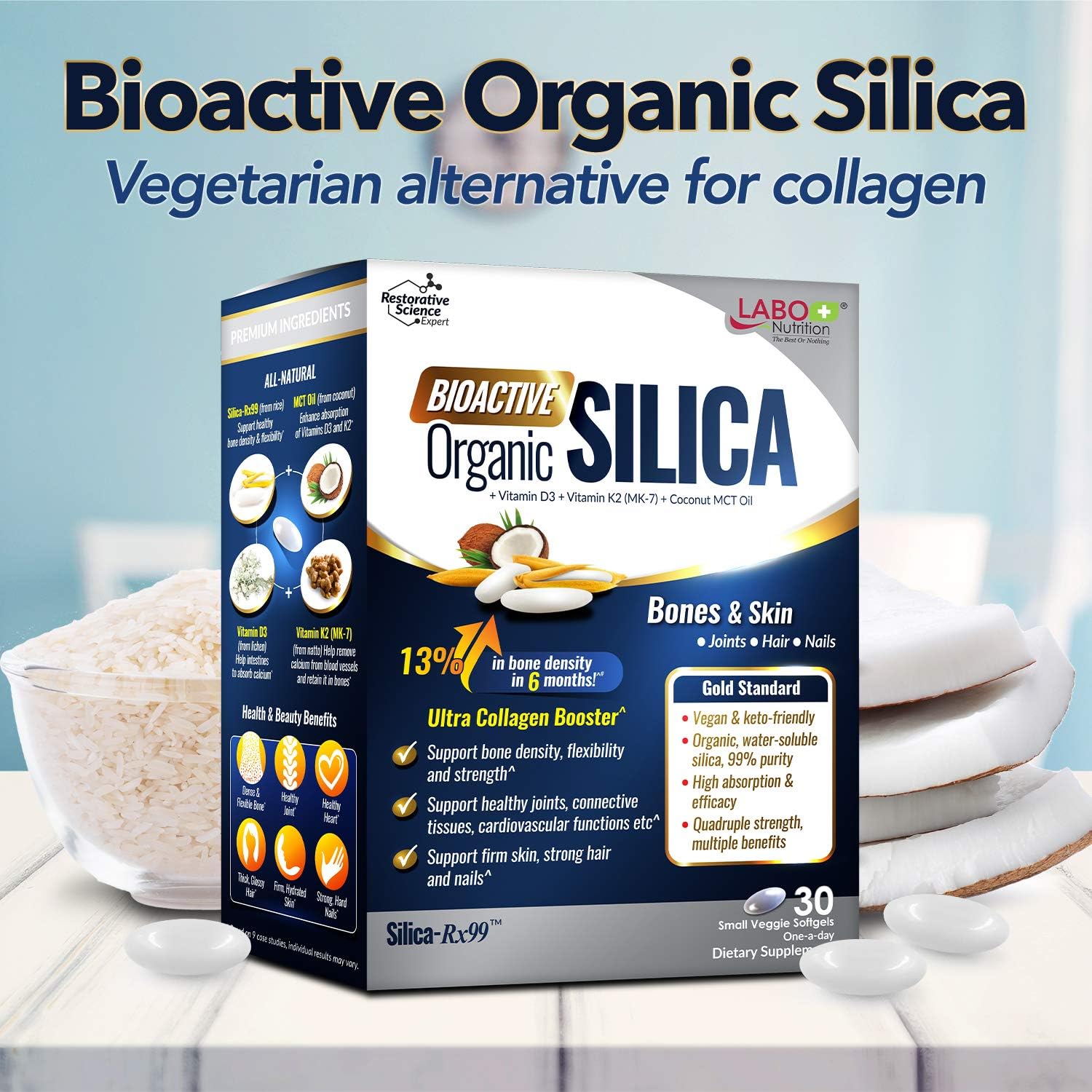All-Natural Rice-Derived Silica Supplement for Collagen Production, Joint & Bone Health, Skin, Hair & Nails - Vegetarian-Friendly Formula with High Purity & Silicon Content