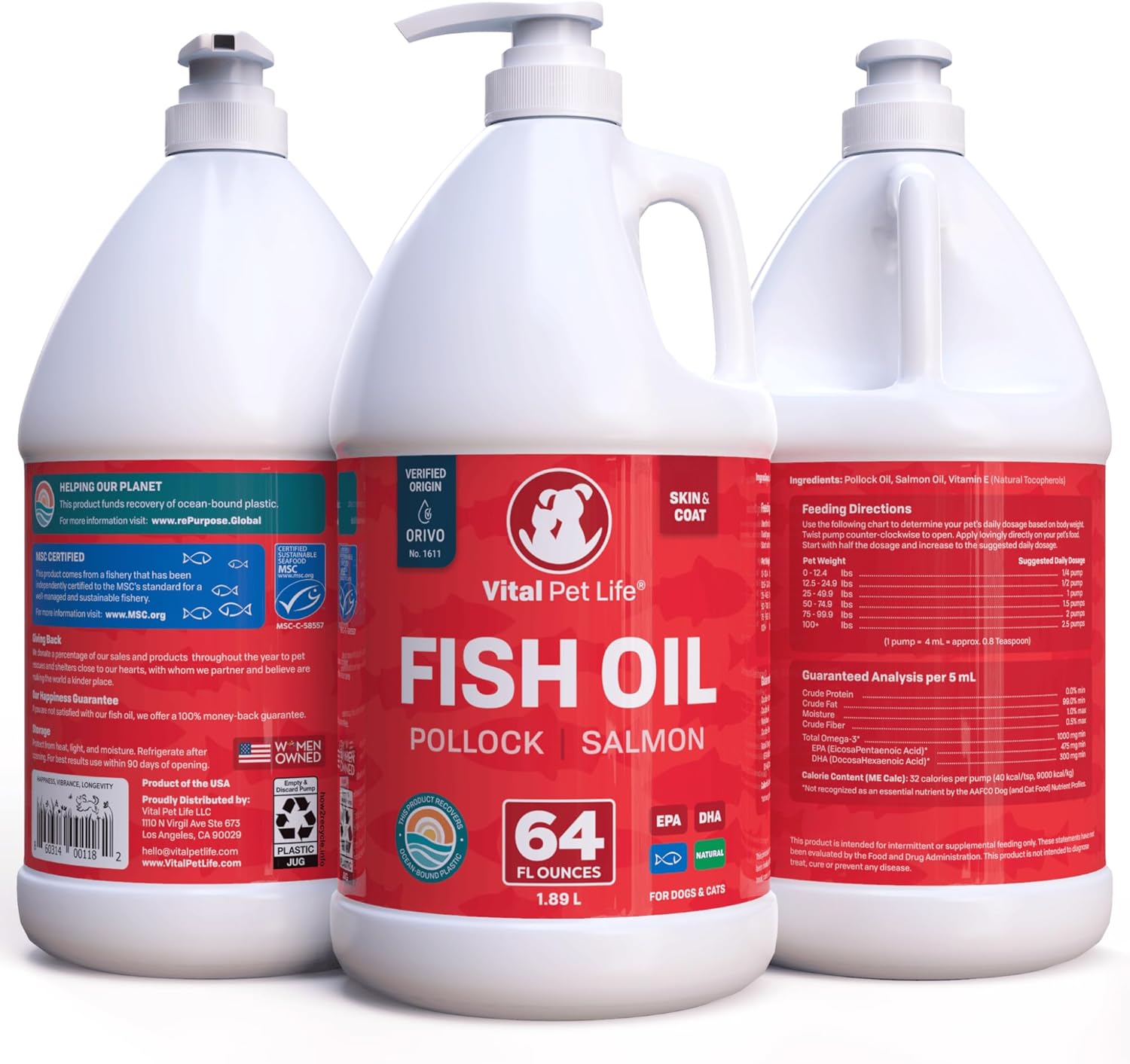 All Natural Salmon & Pollock Fish Oil for Dogs - Omega 3 EPA DHA Supplement for Healthy Skin & Coat, Itching & Allergy Defense, 64 oz
