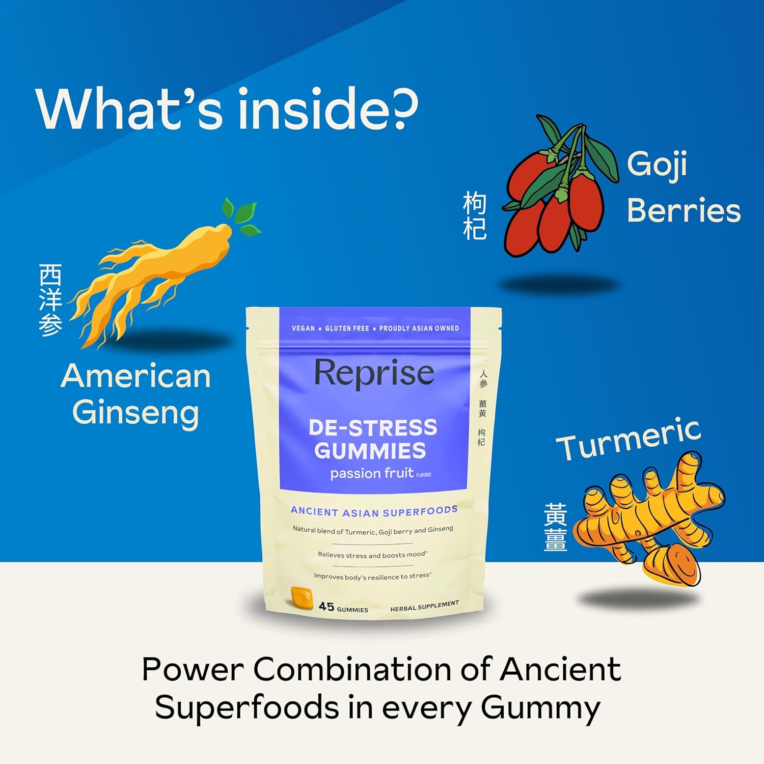 All-Natural Stress Relief Gummies with American Ginseng, Turmeric, and Goji - Promotes Relaxation and Mood Boost, Low-Sugar Vegan Supplement for Anxiety Relief - Passion Fruit Flavor, 45 Gummies