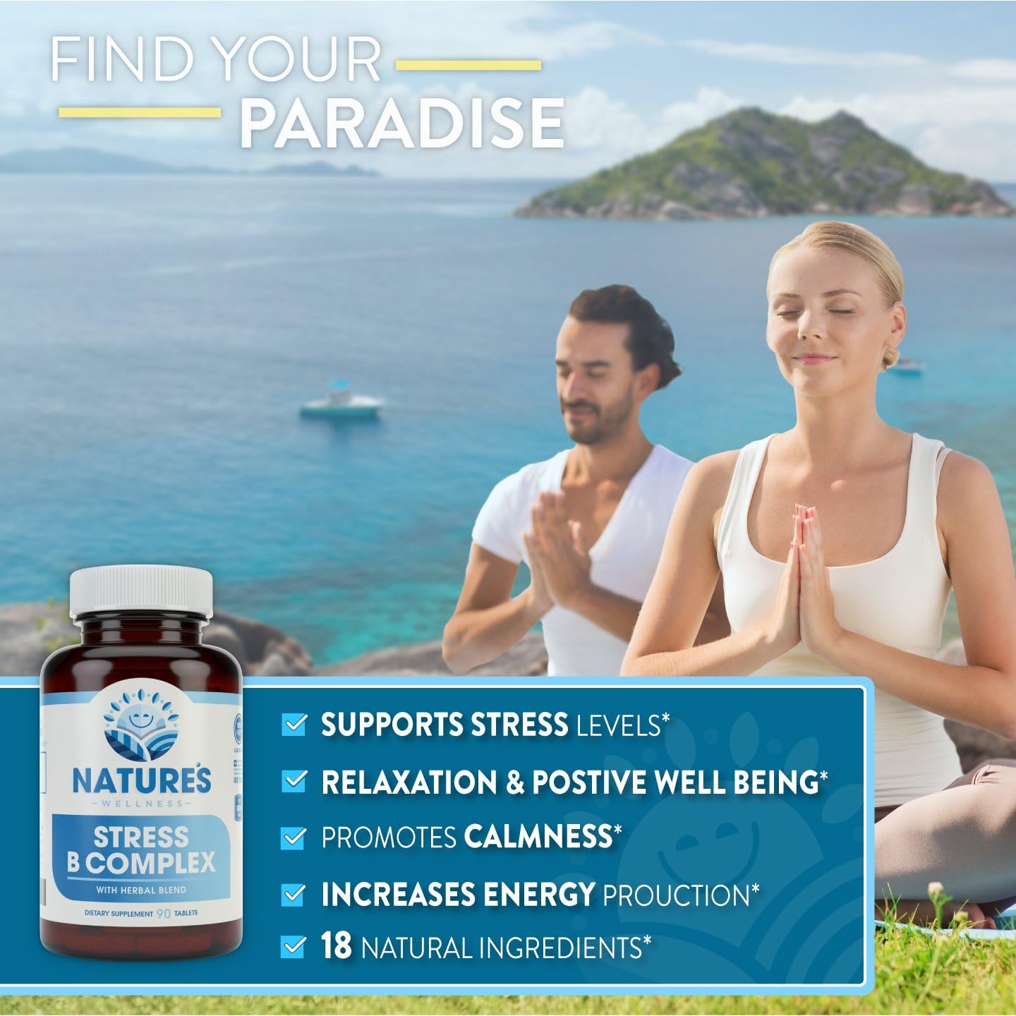 All Natural Stress Relief Vitamin B Complex with Herbal Extract Blend for Mood Support - Includes Vitamin C, PABA, and Choline