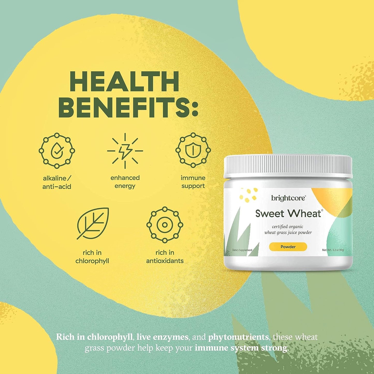 All-Natural Sweet Wheat Wheatgrass Juice Powder for Digestive Health and Immune Boost, Easy-to-Mix Athletic Greens - 90 Grams
