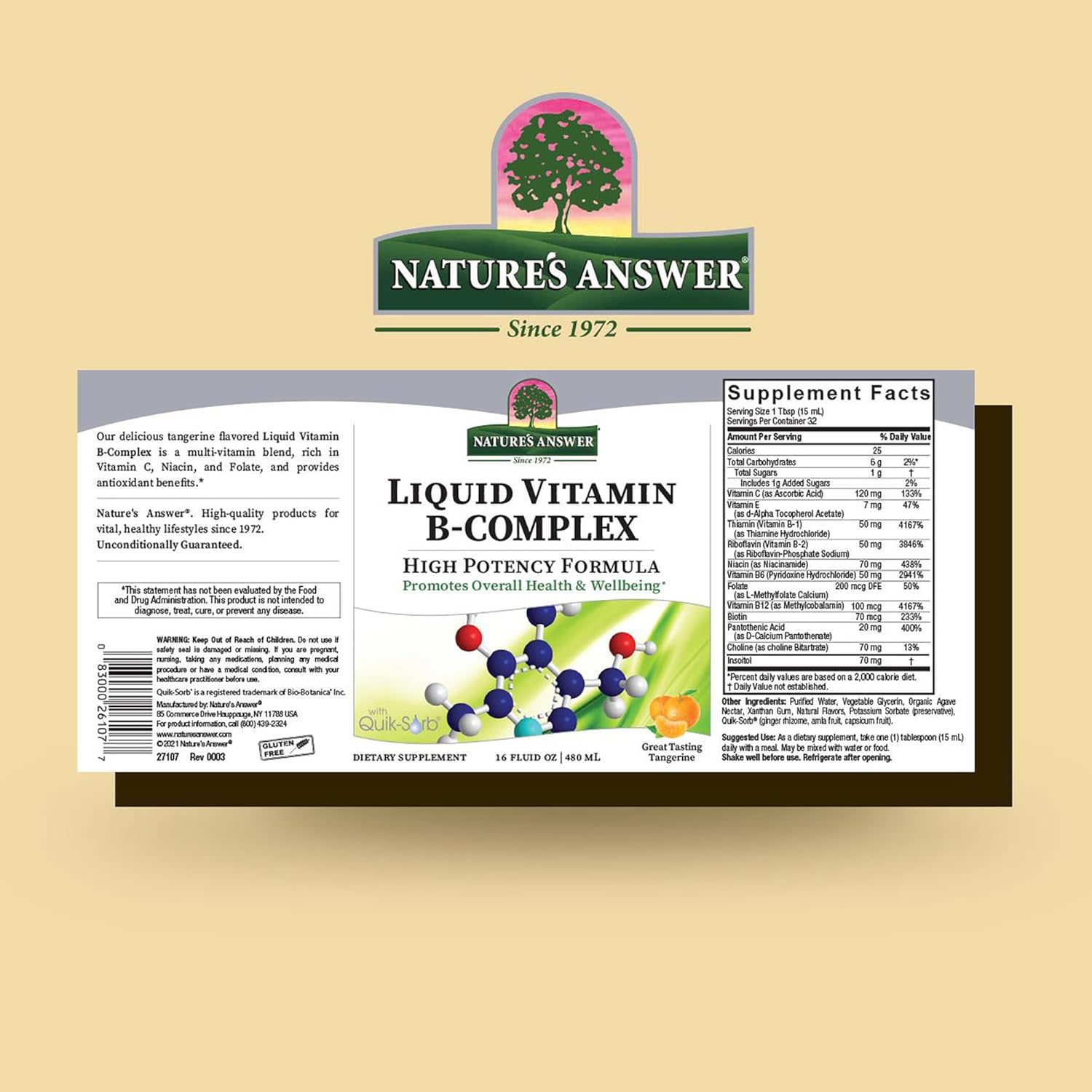 All-Natural Tangerine Flavor Liquid Vitamin B-Complex for Healthy Energy & Nerve Function - Gluten-Free & Benzoate-Free 16oz