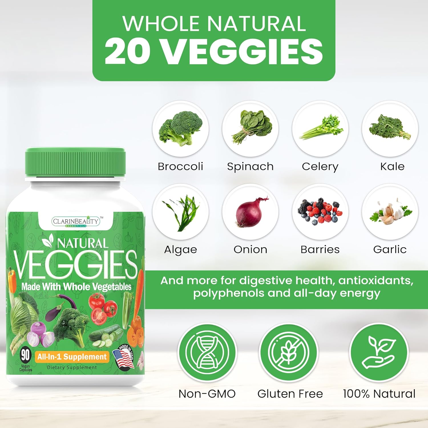 All Natural Veggie Capsules with Whole Superfoods for Maintaining, Protecting, and Repairing - 90 Capsules USA Made