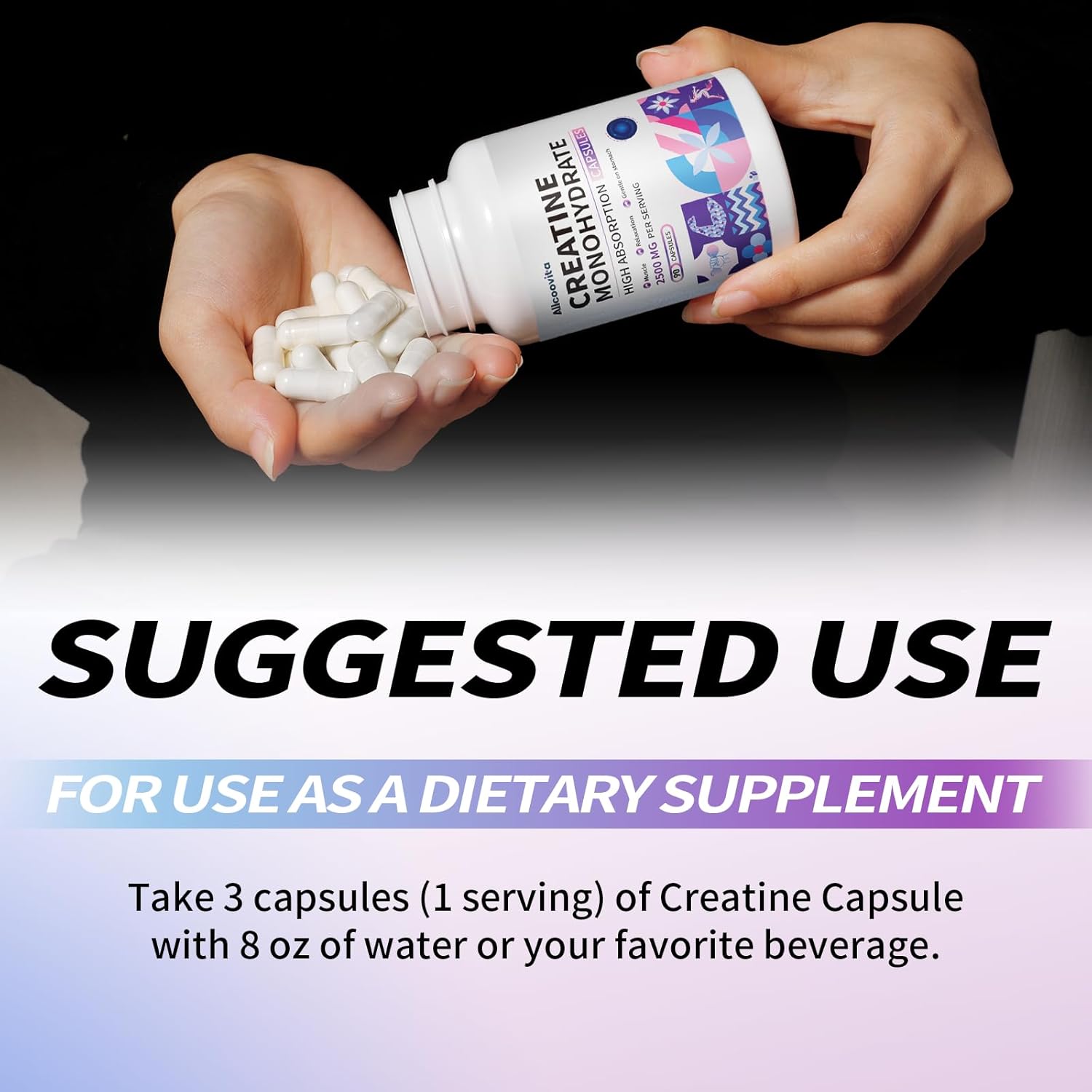 Allcoovita Creatine Monohydrate Capsules - 2500mg per Serving, 90 Gluten Free Capsules, 3 Capsules per Serving