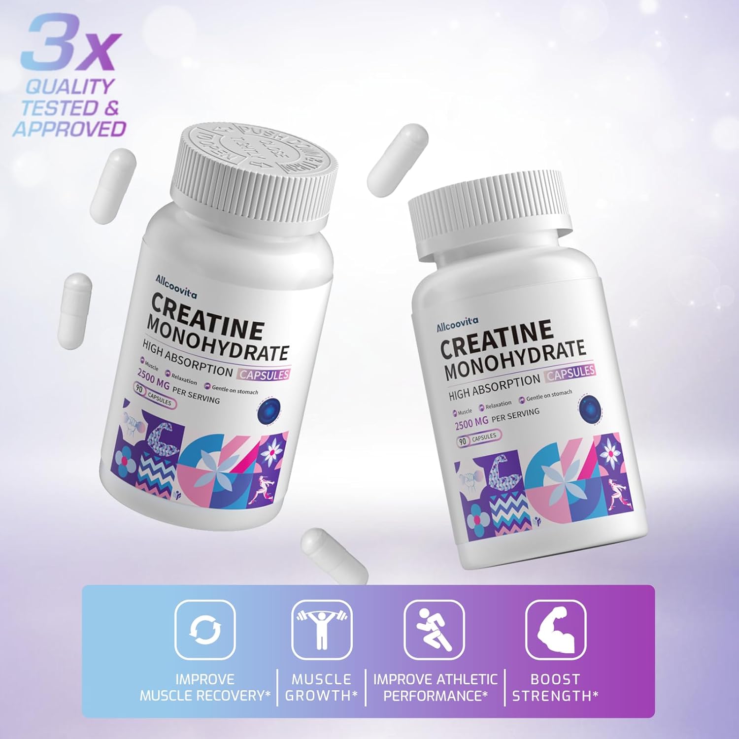 Allcoovita Creatine Monohydrate Capsules - 2500mg per Serving, 90 Gluten Free Capsules, 3 Capsules per Serving