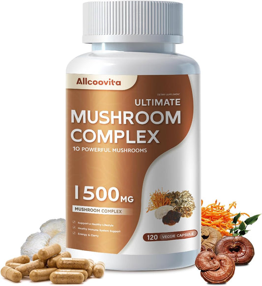 Allcoovita Mushroom Complex Supplement - 120 Capsules for Brain, Energy, and Focus Boost