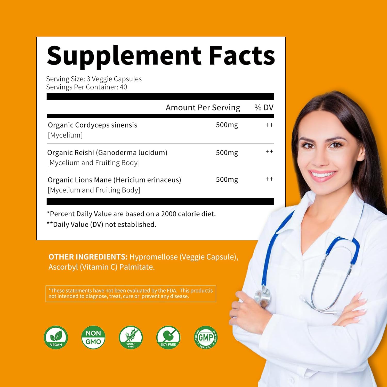 Allcoovita Mushroom Complex Supplement - 120 Capsules for Brain, Energy, and Focus Boost