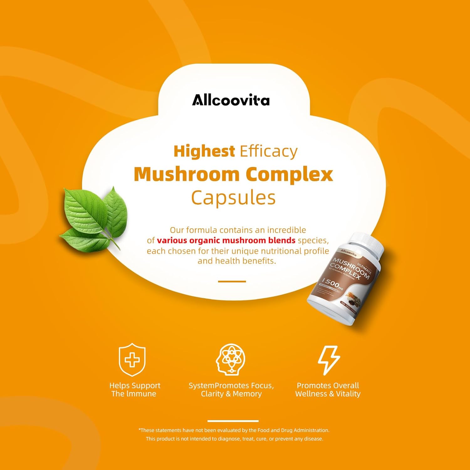 Allcoovita Mushroom Complex Supplement - 120 Capsules for Brain, Energy, and Focus Boost