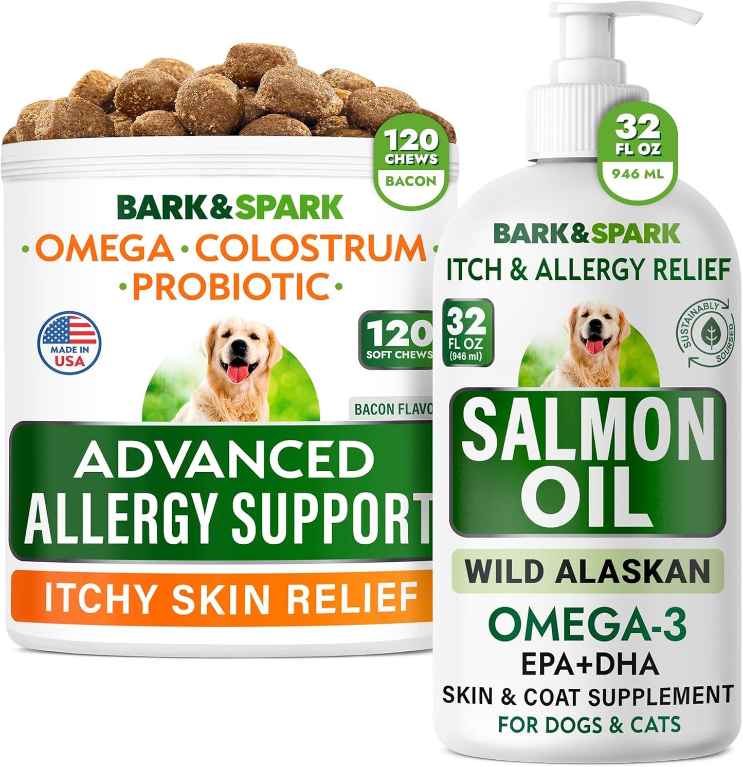 Allergy Relief Bundle for Dogs - Salmon Oil + Probiotics - Skin & Coat Support - Omega 3 Fatty Acids - 120 Chews + 32oz - USA Made
