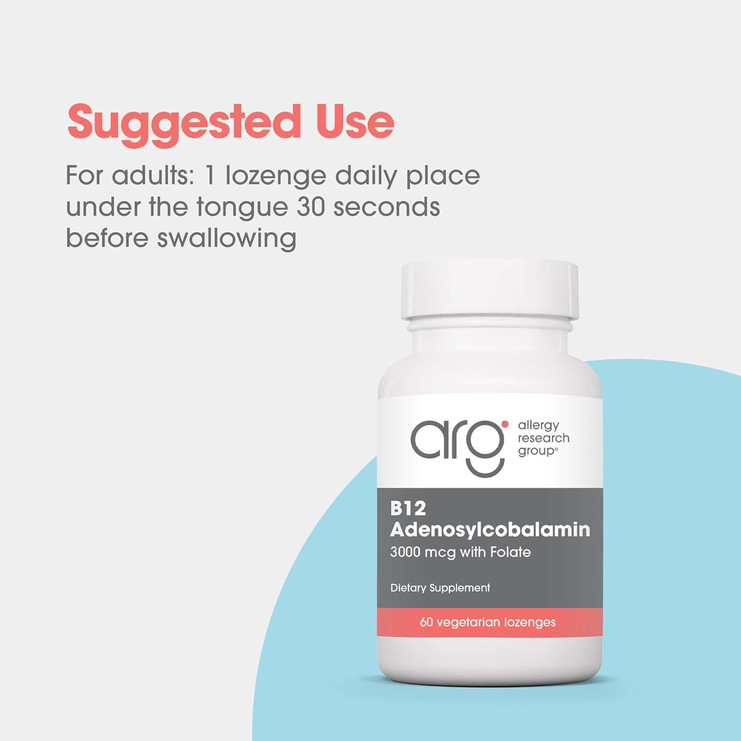 Allergy Research Group B12 Adenosylcobalamin Supplement with Folic Acid - 3000 mcg Vitamin B12 Lozenges - 60 Count