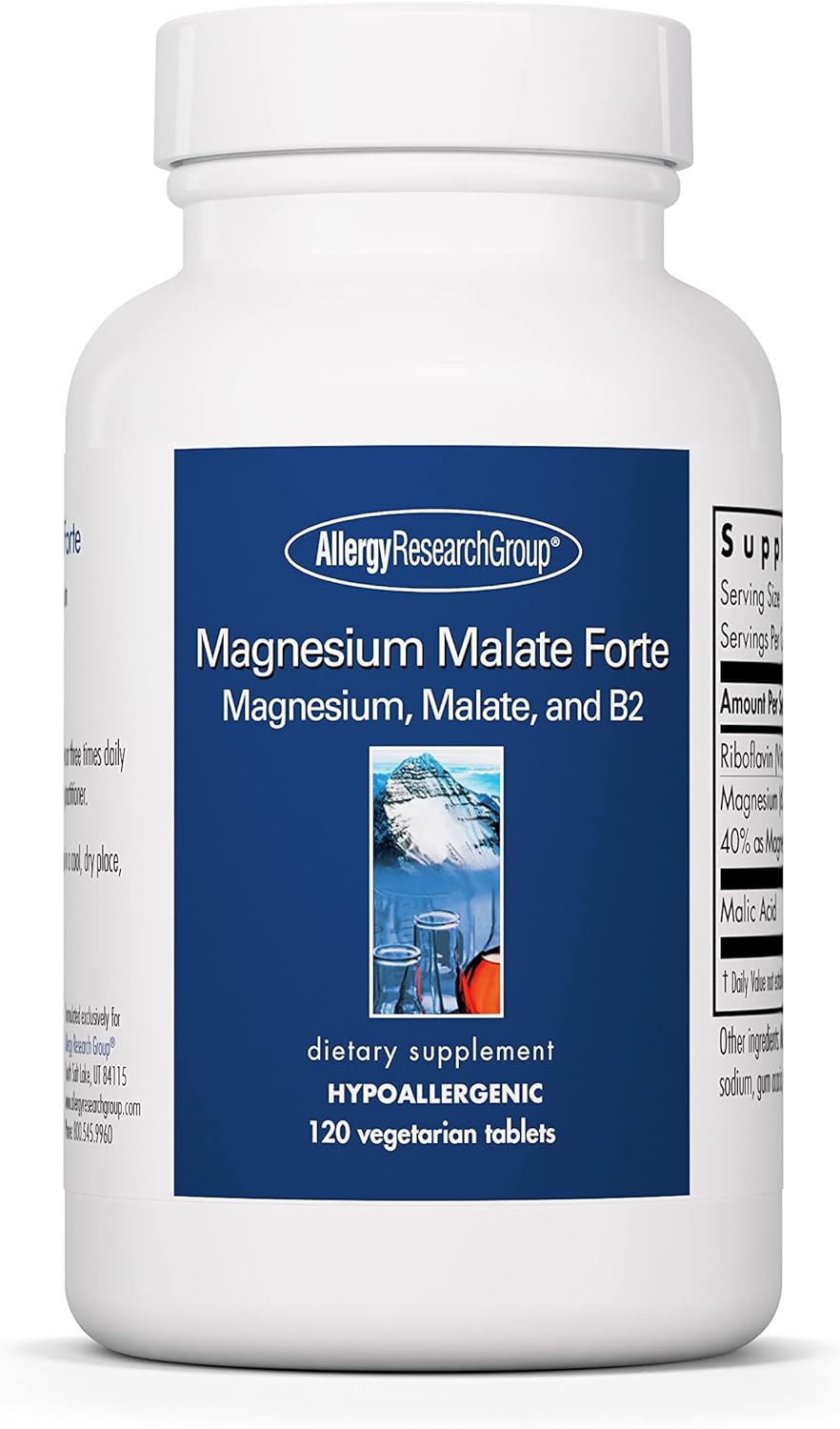 Allergy Research Group Magnesium Malate Forte Supplement - Energy Support with Vitamin B2, Vegetarian Tablets - 120 Count