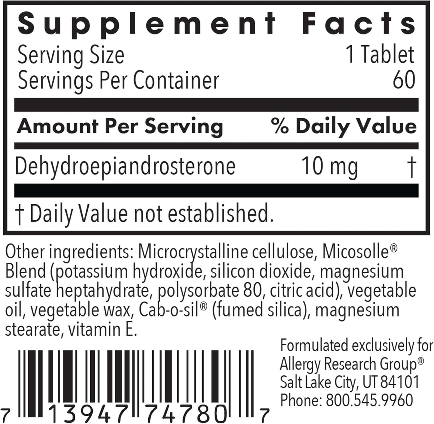 Allergy Research Group Micronized DHEA 10mg Supplement for Men & Women - Metabolism Support, Soy-Free, Vegan Tablets - 60 Count