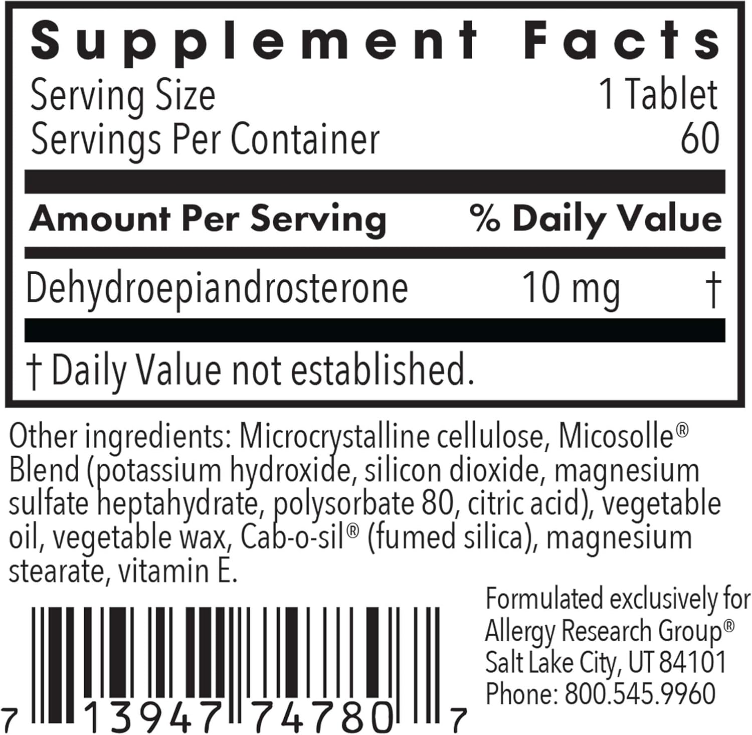 Allergy Research Group Micronized DHEA 10mg Supplement for Men & Women - Metabolism Support, Soy-Free, Vegan Tablets - 60 Count