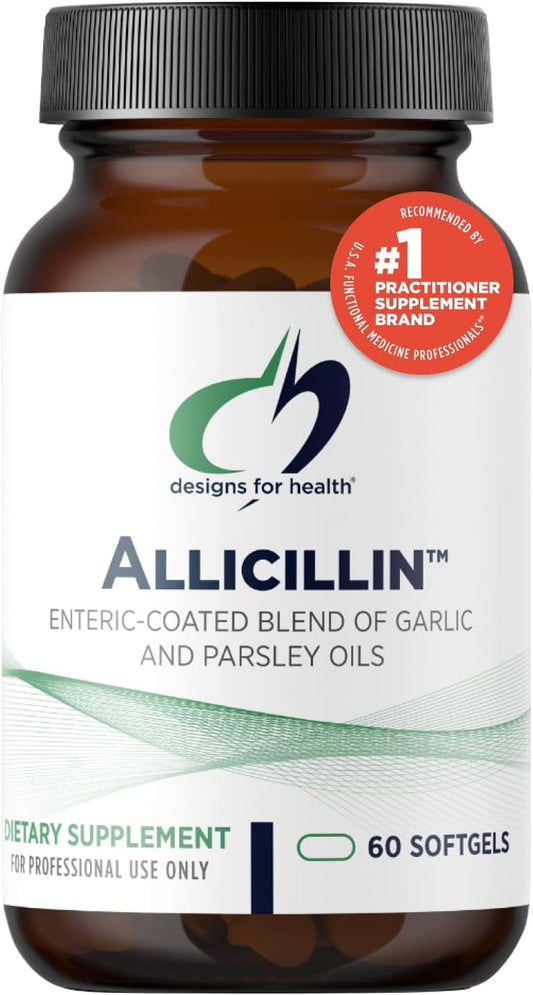 Allicillin by Designs for Health - Garlic Supplement with 200mg Garlic Oil + Parsley Oil - Powerful Sulfides for Reduced Odor - Non-GMO, Enteric Coated (60 Softgels)