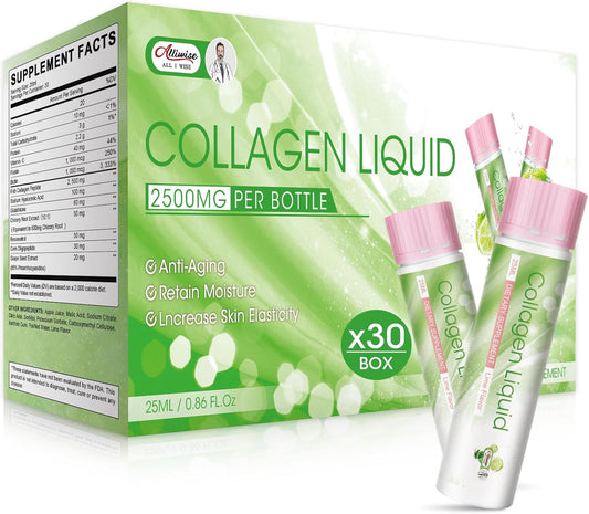 Alliwise 2500mg Liquid Collagen Drink for Women - Beauty Anti-Aging Formula with Marine Collagen Peptides, Glutathione, Vitamin C & Biotin - Skin Revitalization & Moisture Retention - Pack of 30 (Lemon Flavor)