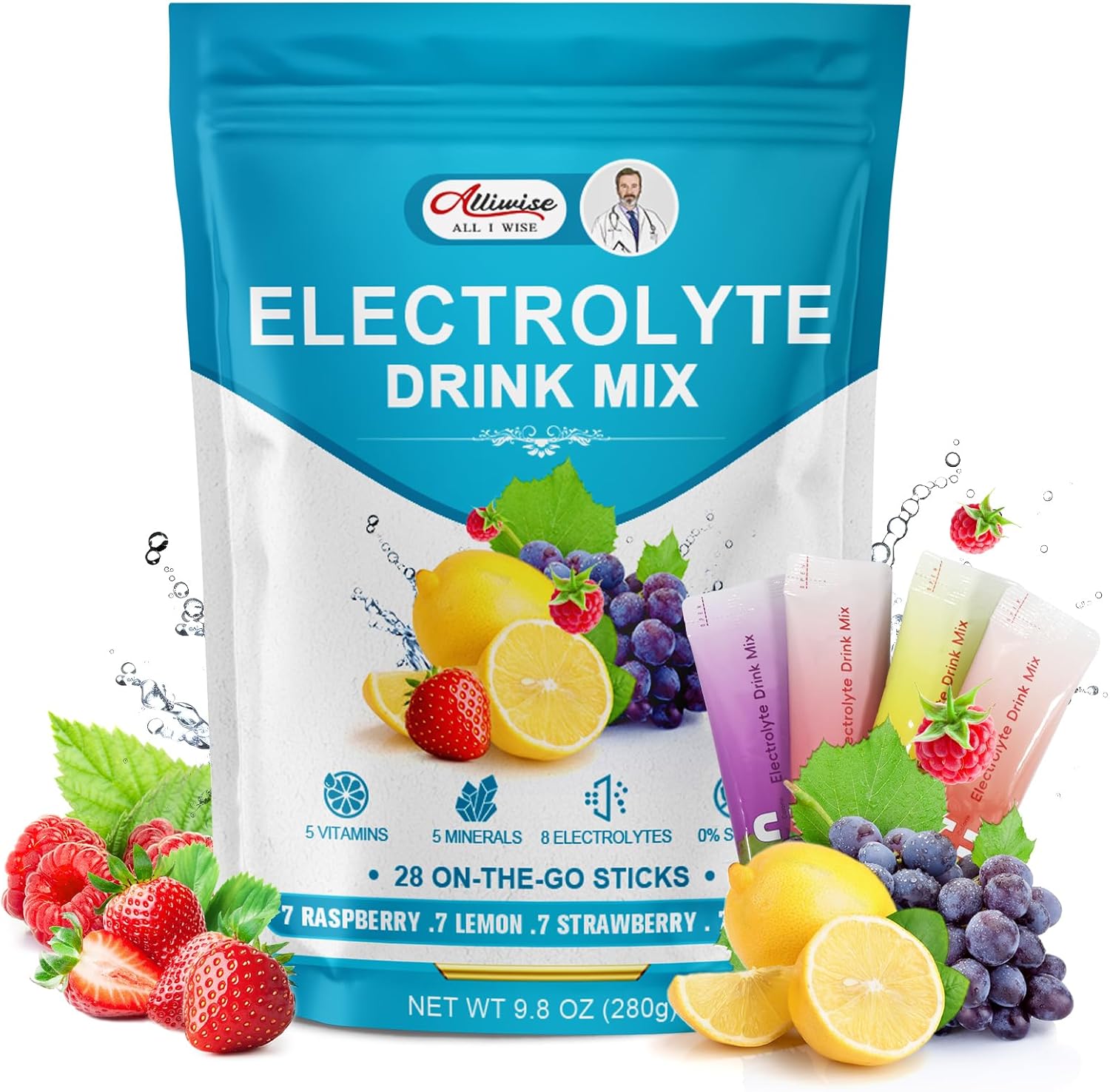 Alliwise Electrolytes Powder Packets - 28 On-The-Go Stick Packs, Zero Sugar Keto Hydration Drink Mix