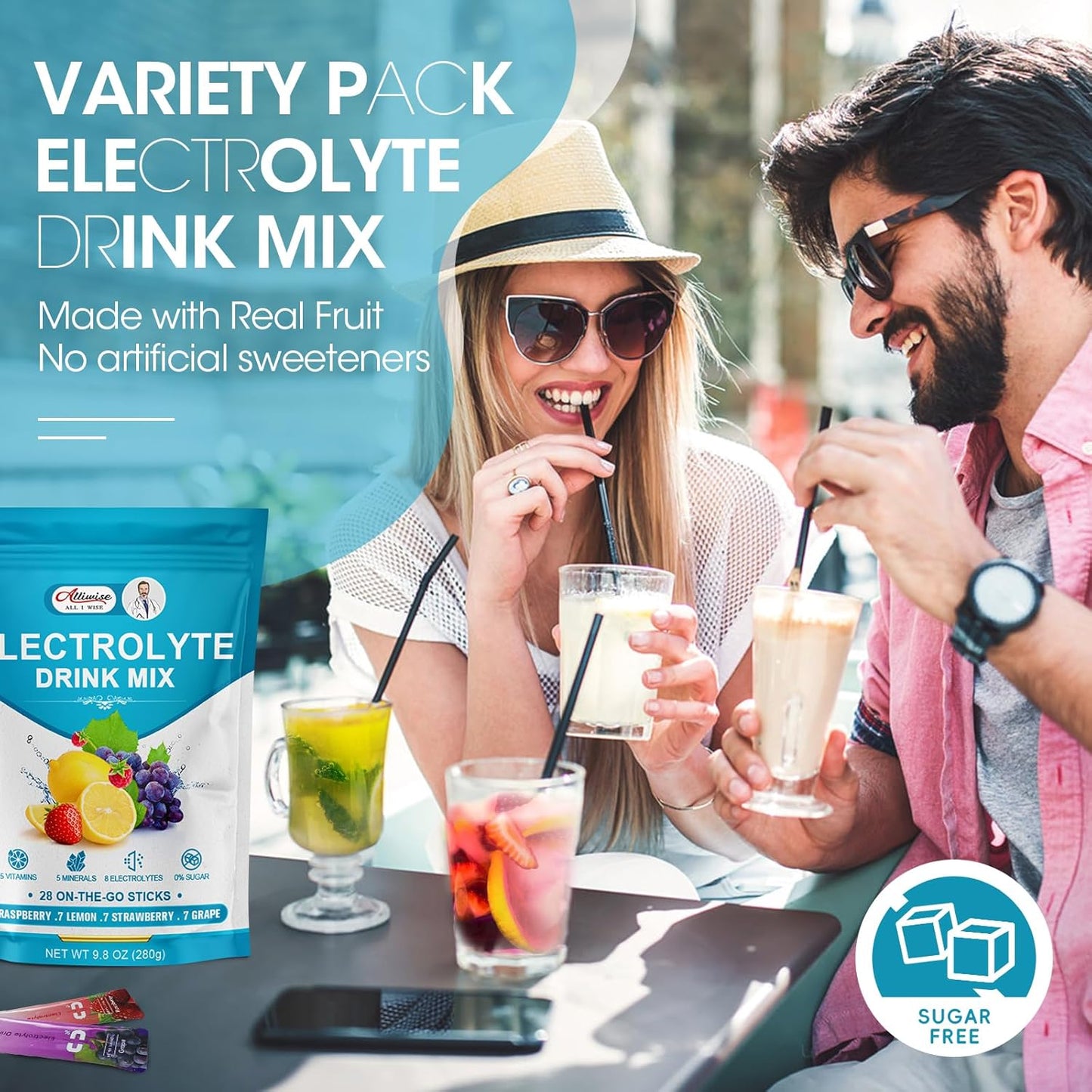 Alliwise Electrolytes Powder Packets - 28 On-The-Go Stick Packs, Zero Sugar Keto Hydration Drink Mix