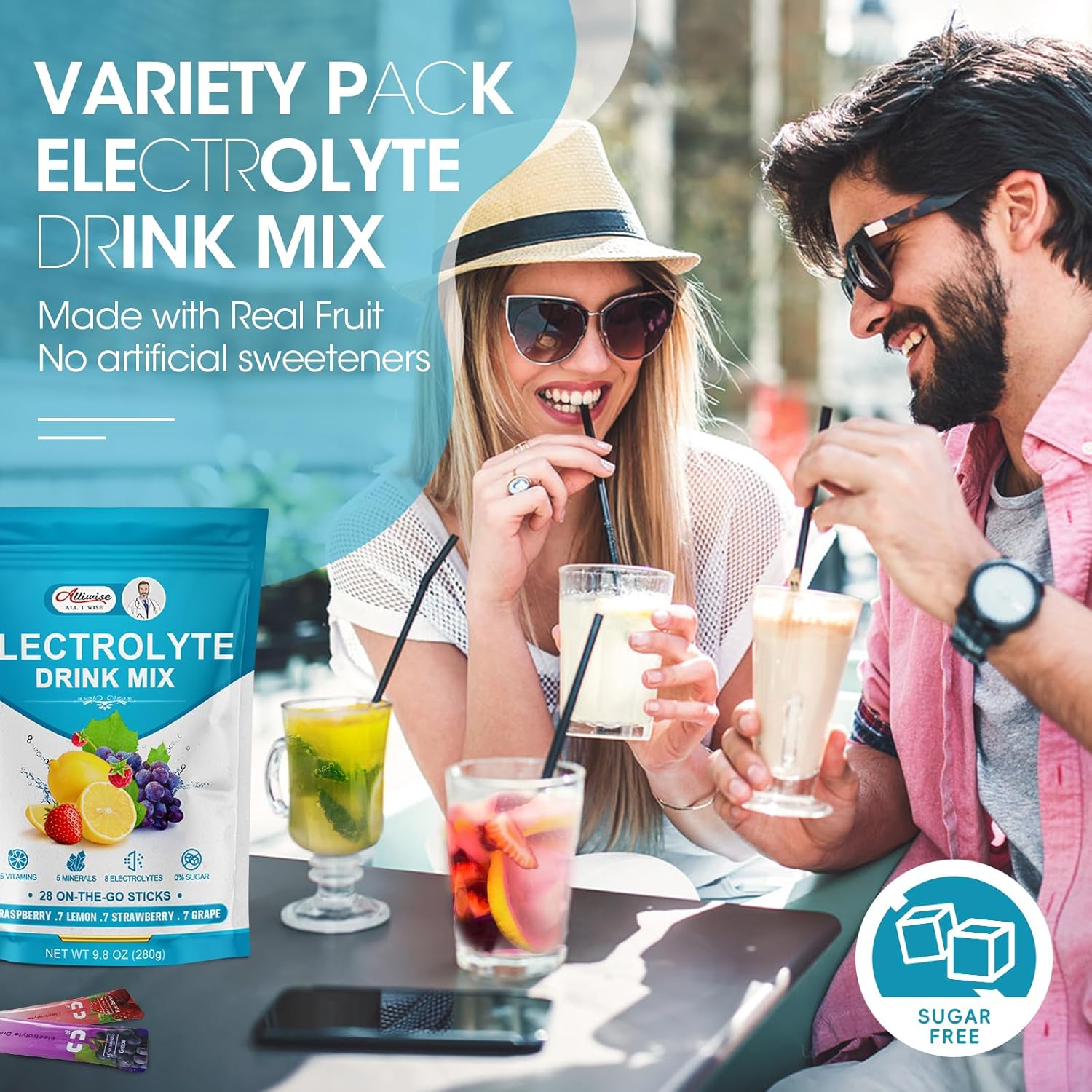 Alliwise Electrolytes Powder Packets - 28 On-The-Go Stick Packs, Zero Sugar Keto Hydration Drink Mix