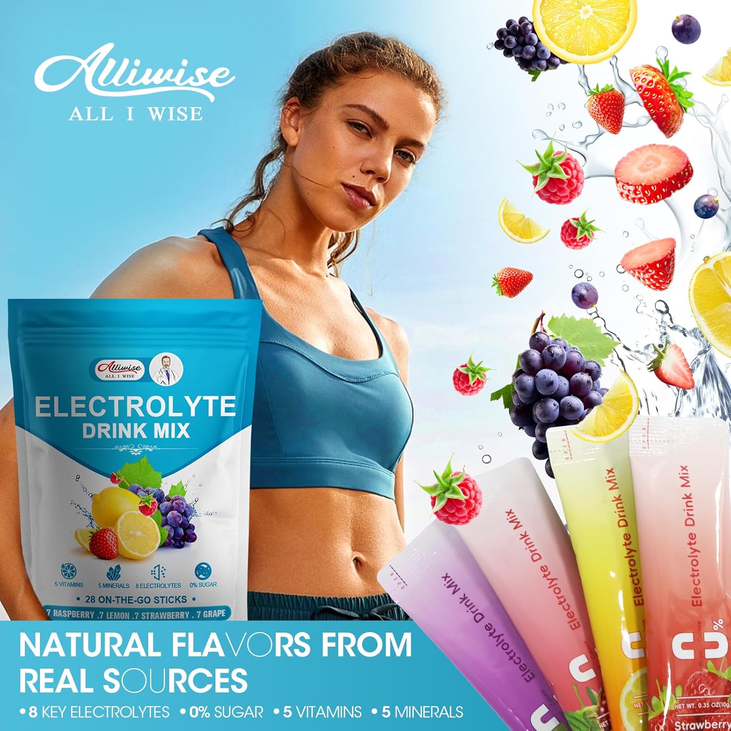 Alliwise Electrolytes Powder Packets - 28 On-The-Go Stick Packs, Zero Sugar Keto Hydration Drink Mix
