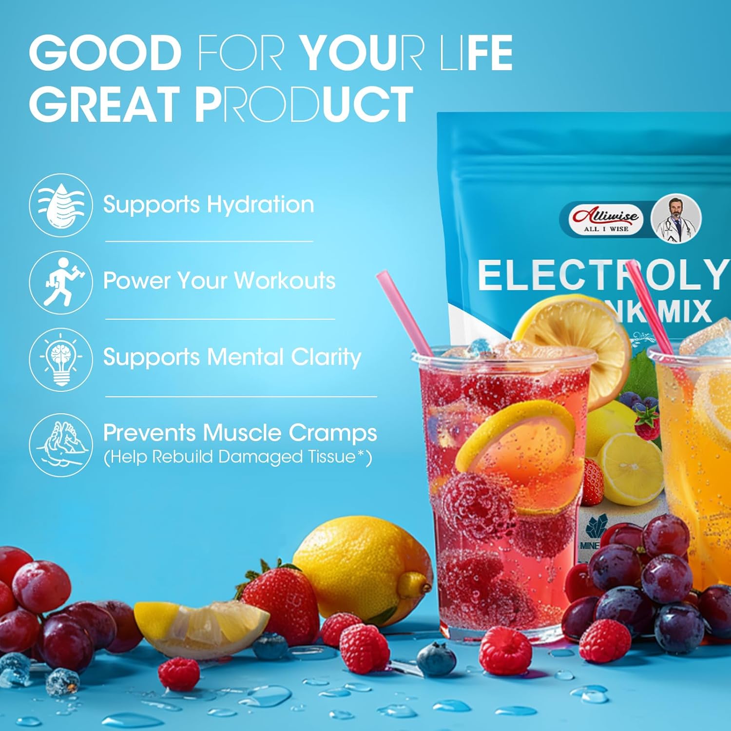 Alliwise Electrolytes Powder Packets - 28 On-The-Go Stick Packs, Zero Sugar Keto Hydration Drink Mix