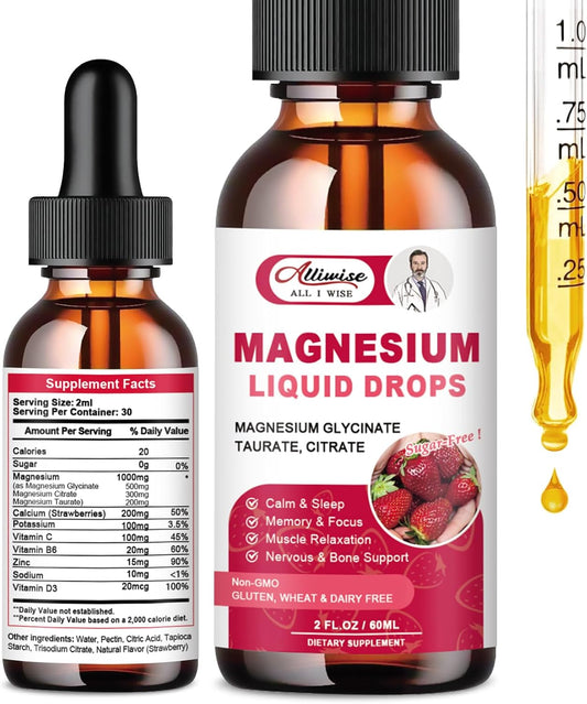 Alliwise High Absorption Magnesium Liquid Supplement with 1000MG Complex - Glycinate, Citrate, Taurate for Bio-Availability - Strawberry Flavor