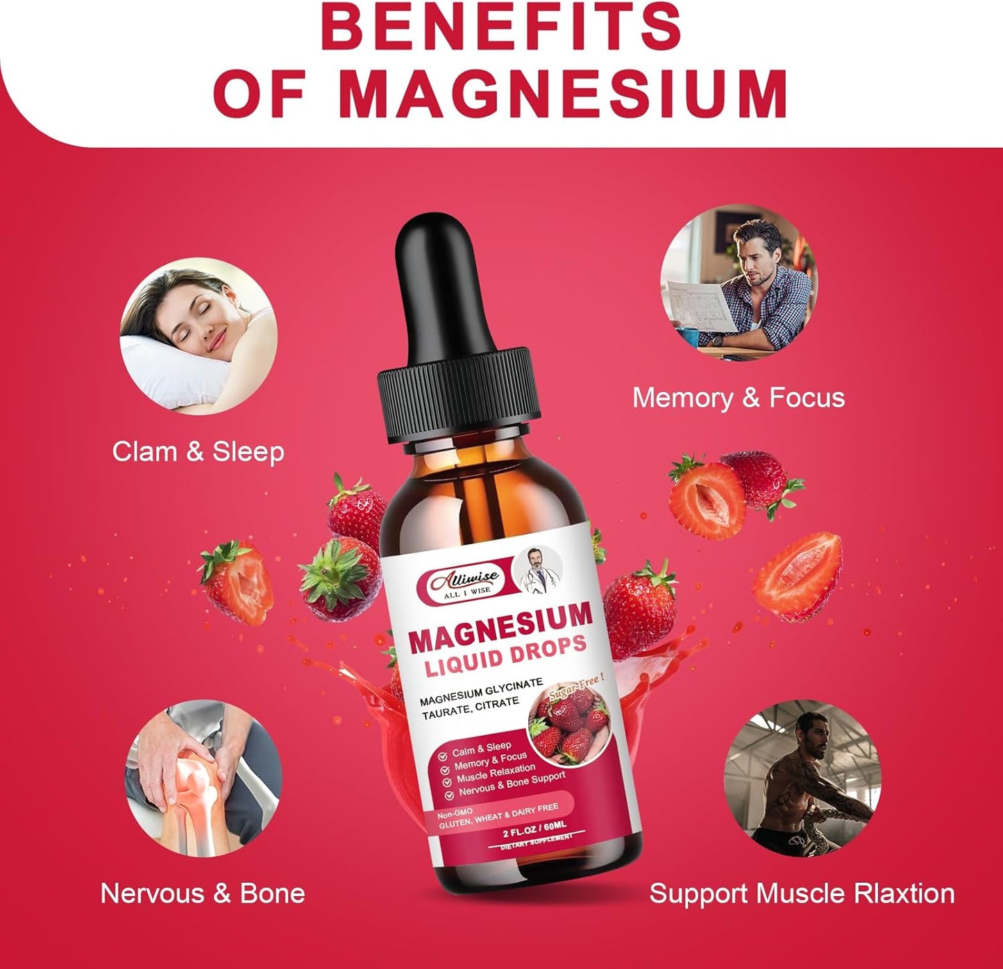 Alliwise High Absorption Magnesium Liquid Supplement with 1000MG Complex - Glycinate, Citrate, Taurate for Bio-Availability - Strawberry Flavor
