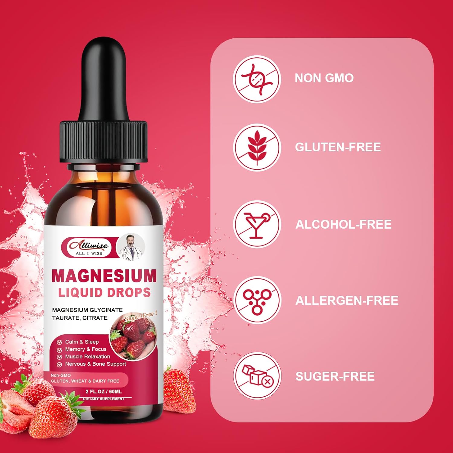 Alliwise High Absorption Magnesium Liquid Supplement with 1000MG Complex - Glycinate, Citrate, Taurate for Bio-Availability - Strawberry Flavor