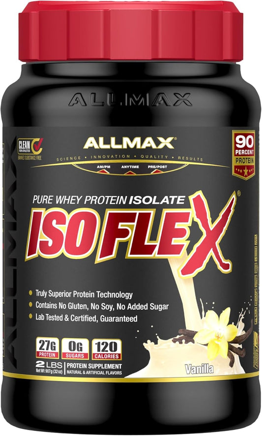 ALLMAX ISOFLEX Vanilla Whey Protein Isolate - 2 lb Tub - 27g Protein Per Serving - Zero Fat & Sugar - 99% Lactose Free - Gluten & Soy Free - 30 Servings