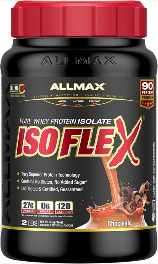 ALLMAX ISOFLEX Whey Protein Isolate Chocolate - 2 lb Tub - 27g Protein Per Serving - Zero Fat & Sugar - 99% Lactose Free - Gluten & Soy Free - 30 Servings