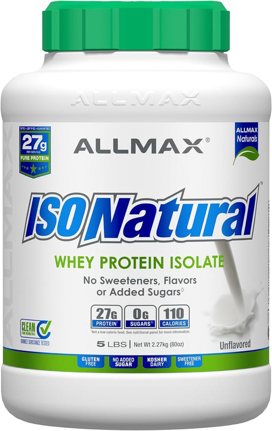 ALLMAX ISONATURAL Unflavored Whey Protein Isolate - 5 lb - 27g Protein Per Scoop - Zero Fat & Sugar - 99% Lactose Free - Prebiotics - No Artificial Flavors - 78 Servings
