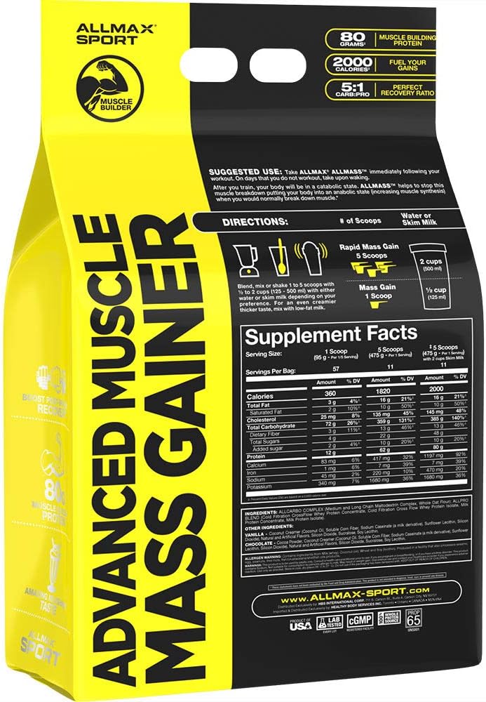 Allmax Nutrition All Mass Advanced Muscle Gainer Chocolate 12 Lbs - 2000 Calories - Trans Fat-Free