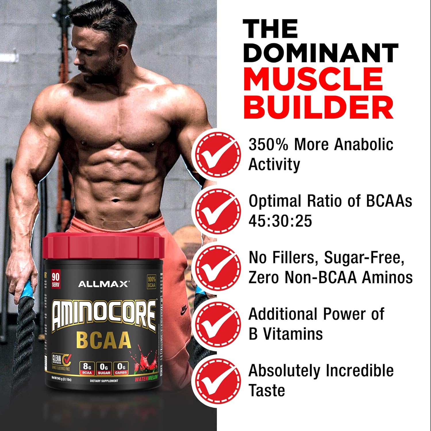 ALLMAX Nutrition AMINOCORE BCAA Fruit Punch Powder - 945g, 8.18g BCAAs per Serving, with B Vitamins, No Fillers, Sugar Free - 90 Servings