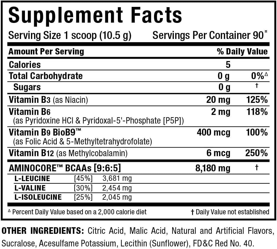 ALLMAX Nutrition AMINOCORE BCAA Fruit Punch Powder - 945g, 8.18g BCAAs per Serving, with B Vitamins, No Fillers, Sugar Free - 90 Servings
