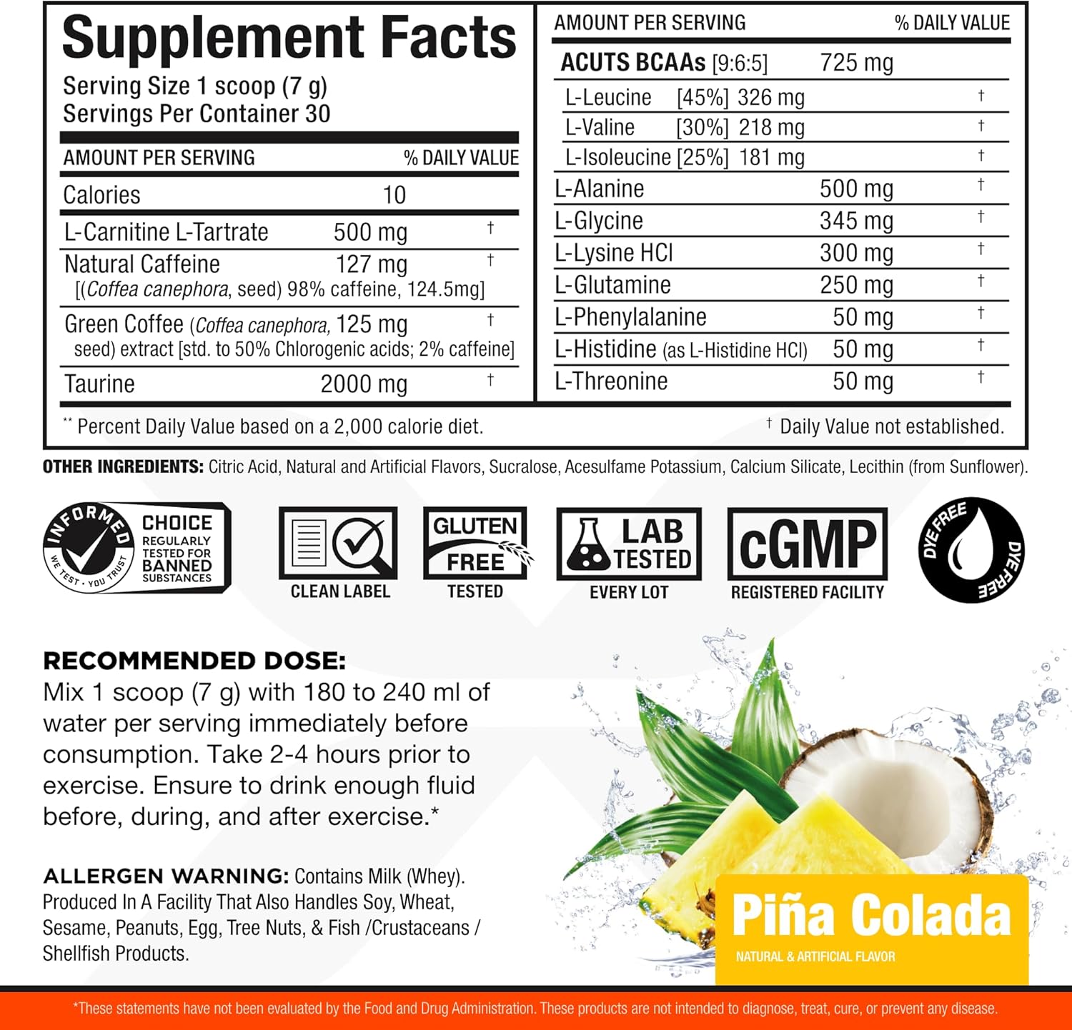 ALLMAX Nutrition AMINOCUTS (ACUTS) Energy Drink - Pina Colada Flavor with Taurine, L-Carnitine, Green Coffee Bean Extract - 30 Servings
