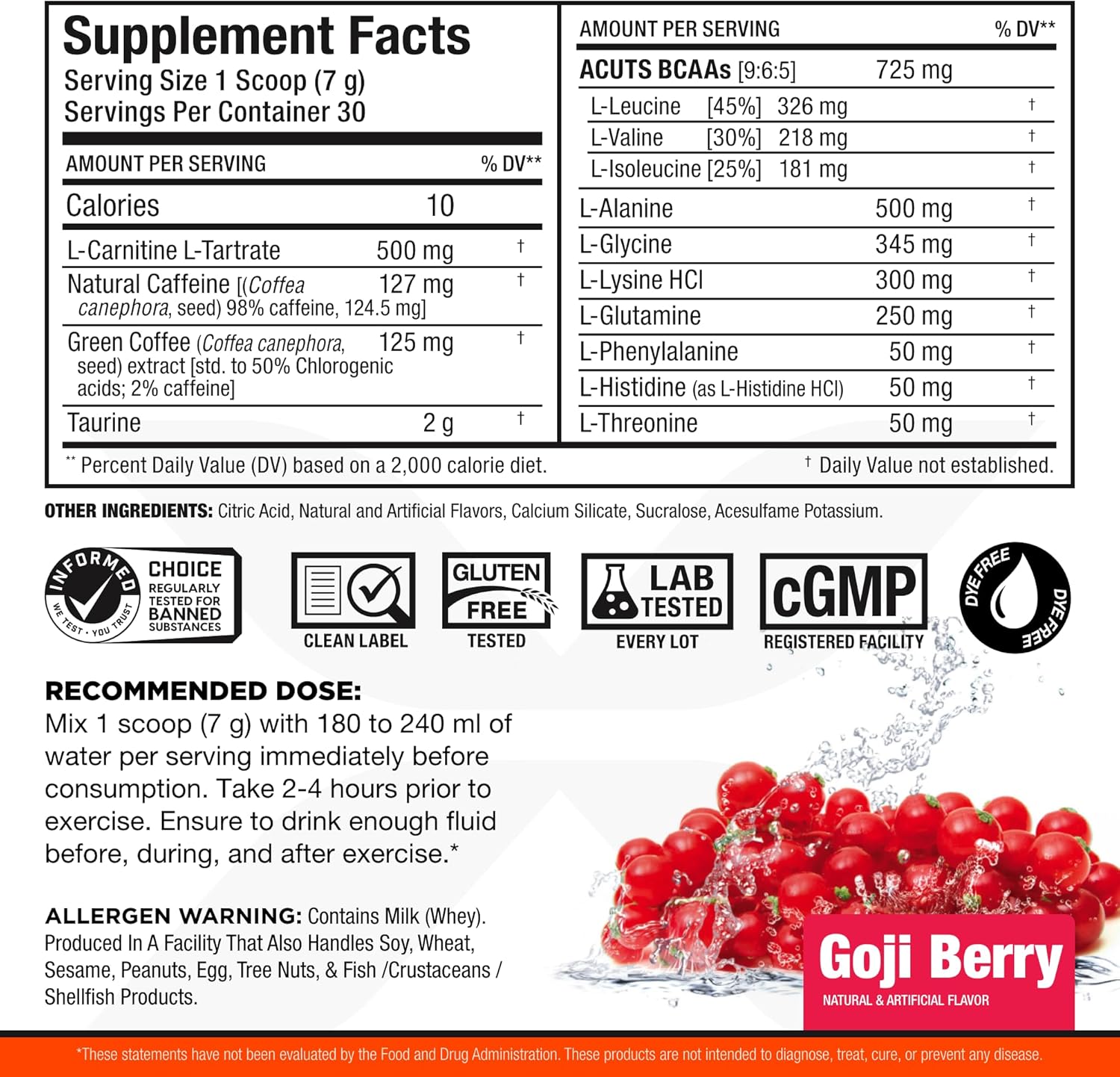 ALLMAX Nutrition AMINOCUTS Amino-Charged Energy Drink with Taurine, L-Carnitine, Green Coffee Bean Extract, Goji Berry Martini - 30 Servings