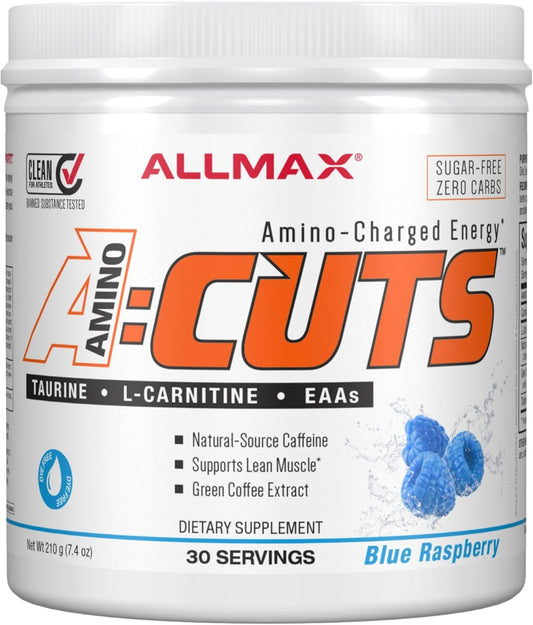 ALLMAX Nutrition AMINOCUTS Energy Drink with Taurine, L-Carnitine, Green Coffee, Blue Raspberry - 36 Servings