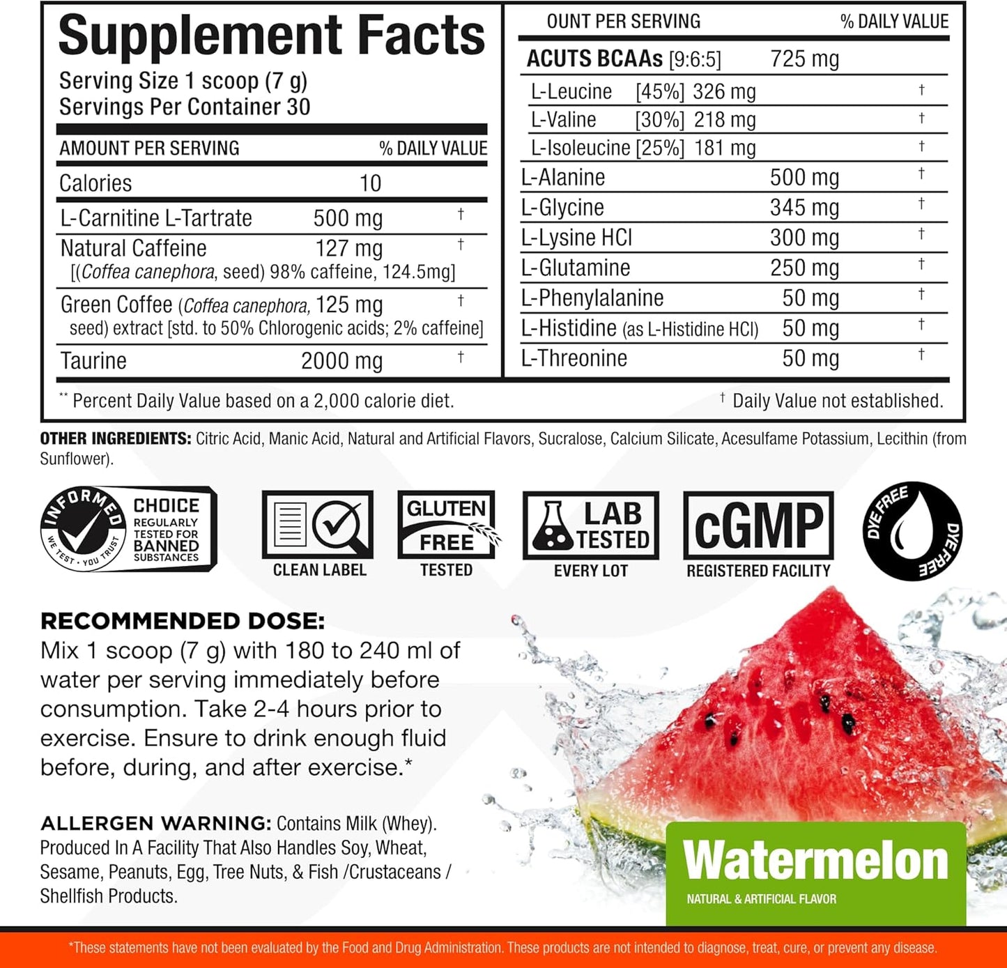 ALLMAX Nutrition AMINOCUTS Energy Drink with Taurine, L-Carnitine, Green Coffee Bean Extract - Watermelon, 30 Servings