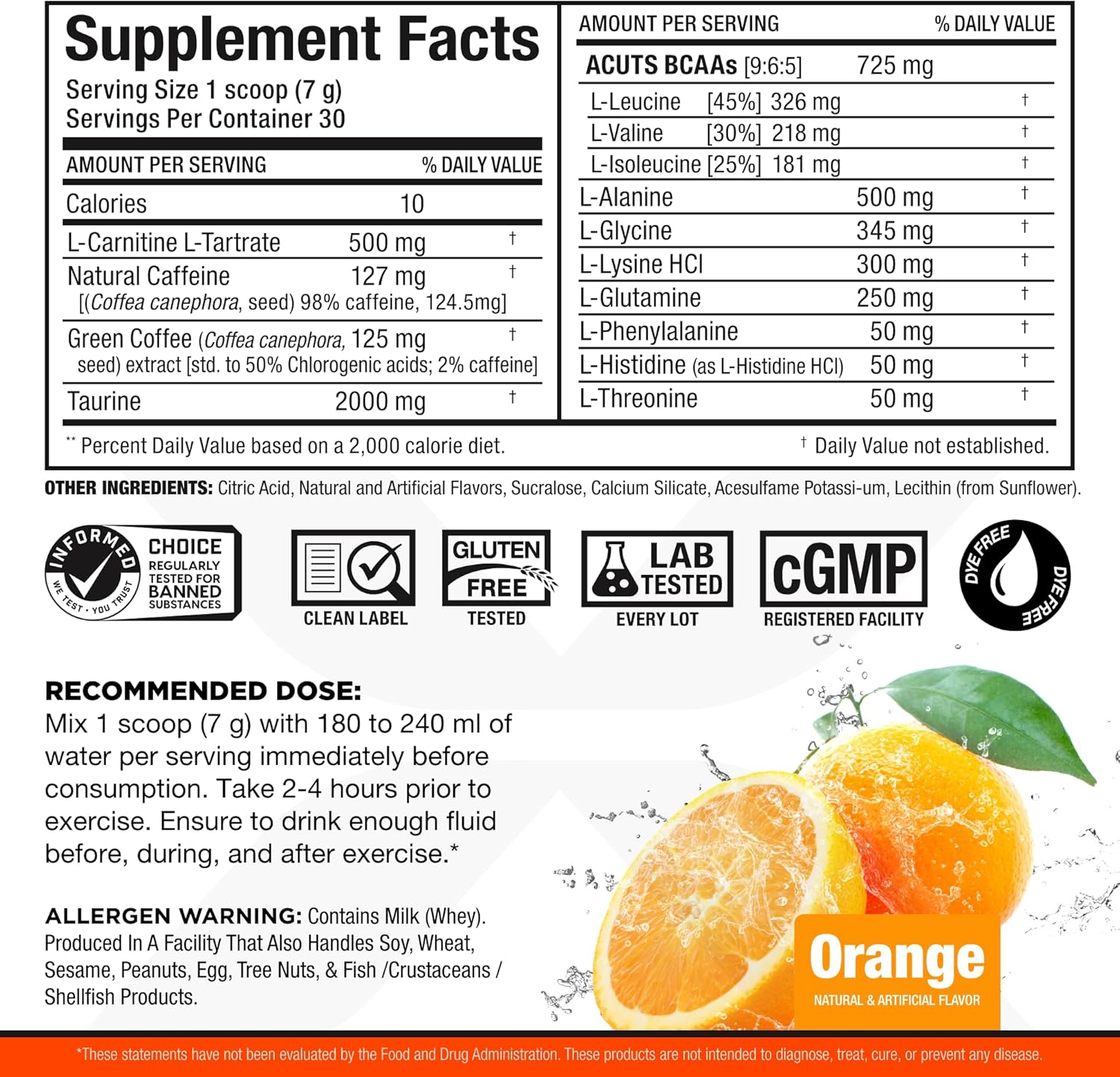 ALLMAX Nutrition AMINOCUTS Energy Drink with Taurine, L-Carnitine, Green Coffee Extract - Orange Flavor, 30 Servings