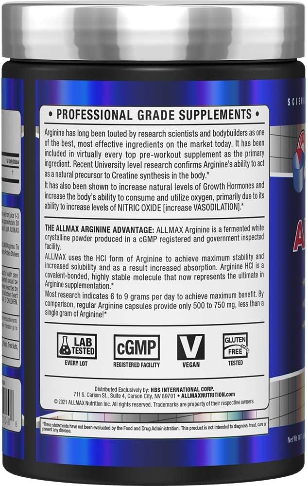 ALLMAX Nutrition ARGININE HCL Powder - 400g - Nitric Oxide Synthesis - Vegan & Gluten-Free - 200 Servings