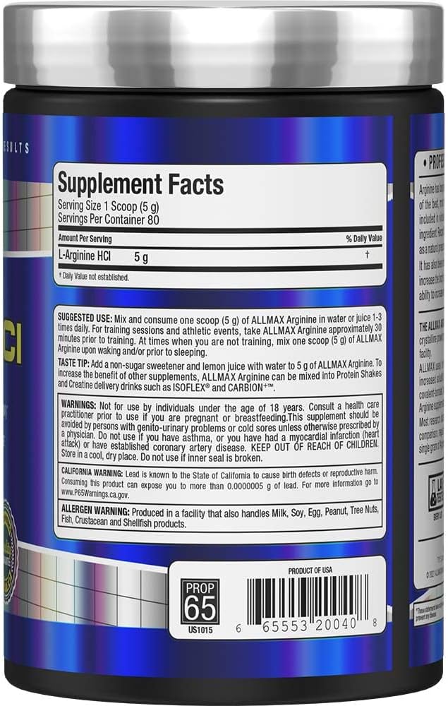ALLMAX Nutrition ARGININE HCL Powder - 400g - Nitric Oxide Synthesis - Vegan & Gluten-Free - 200 Servings