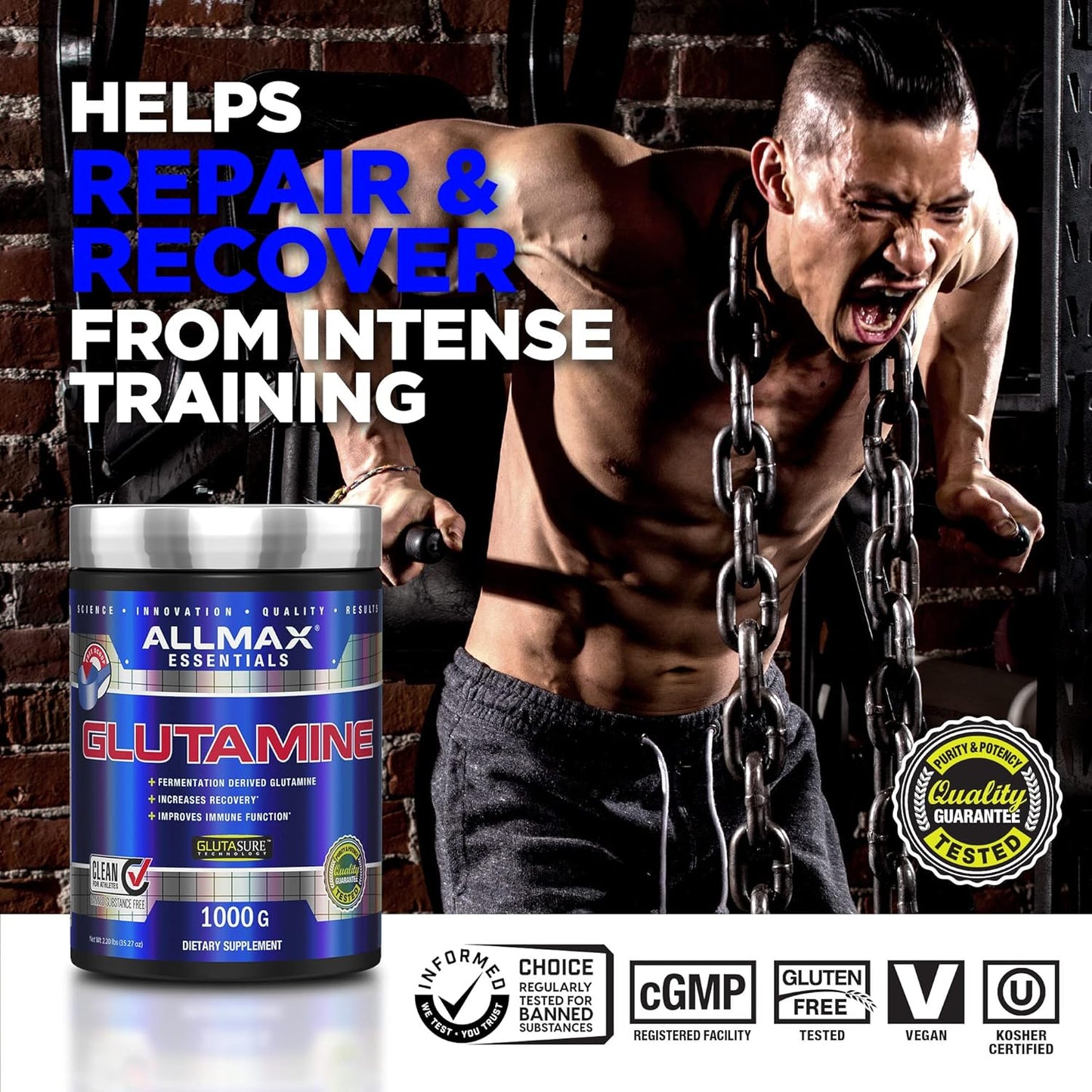 ALLMAX Nutrition Essentials GLUTAMINE Powder - Fermentation-Derived, 100g - Boosts Recovery & Immune Support - Gluten Free, Vegan, 20 Servings