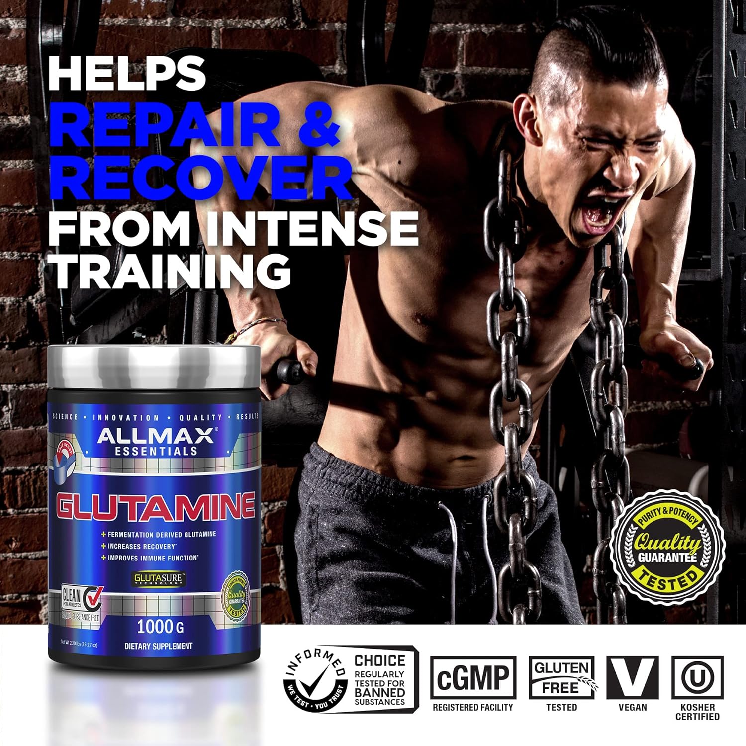 ALLMAX Nutrition Essentials GLUTAMINE Powder - Fermentation-Derived, 100g - Boosts Recovery & Immune Support - Gluten Free, Vegan, 20 Servings