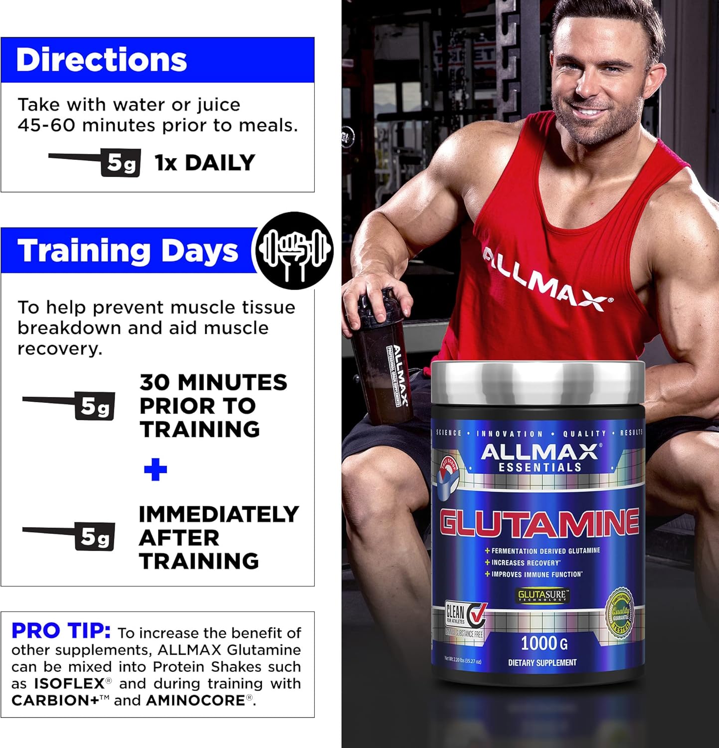 ALLMAX Nutrition Essentials GLUTAMINE Powder - Fermentation-Derived, 100g - Boosts Recovery & Immune Support - Gluten Free, Vegan, 20 Servings