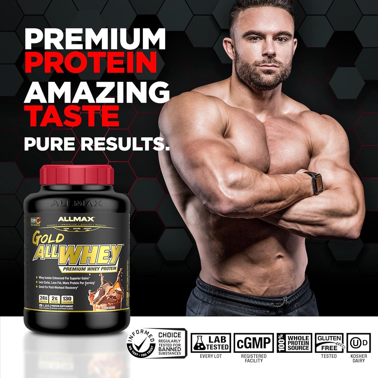 ALLMAX Nutrition Gold ALLWHEY Chocolate Protein Powder - 5 lb Tub - 24g Protein Per Serving - Gluten-Free, Low Carb, Low Sugar - 71 Servings