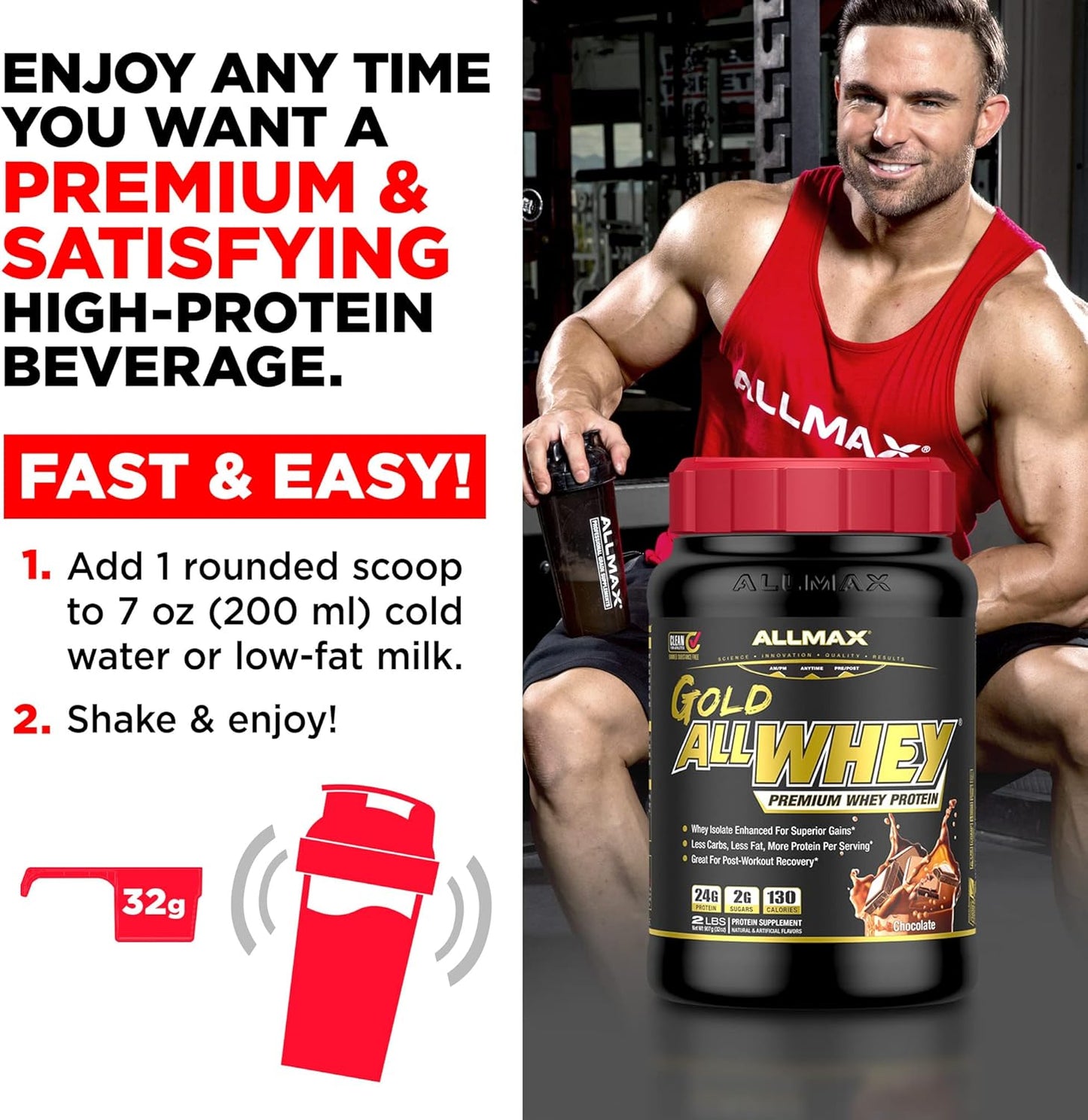 ALLMAX Nutrition Gold ALLWHEY Chocolate Protein Powder - 5 lb Tub - 24g Protein Per Serving - Gluten-Free, Low Carb, Low Sugar - 71 Servings