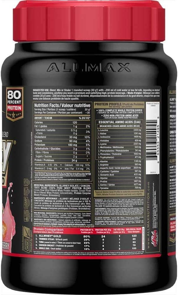 ALLMAX Nutrition Gold ALLWHEY, Strawberry - 2 lb - High Protein Powder with Low Carbs & Sugar - Gluten-Free - 30 Servings