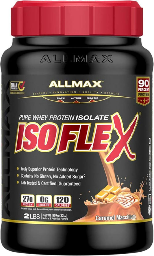 ALLMAX Nutrition ISOFLEX Caramel Macchiato Whey Protein Isolate - 2 lb - 27g Protein Per Scoop - Zero Fat & Sugar - 99% Lactose Free - Gluten & Soy Free - 30 Servings