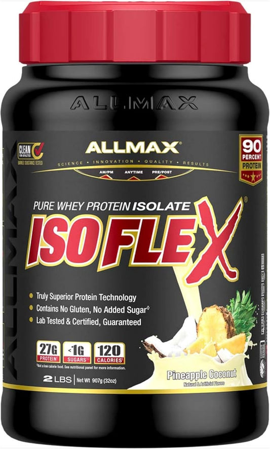 ALLMAX Nutrition ISOFLEX Pineapple Coconut Whey Protein Isolate - 2 lb Tub - 27g Protein Per Serving - Zero Fat & Sugar - 99% Lactose Free - Gluten & Soy Free - 30 Servings