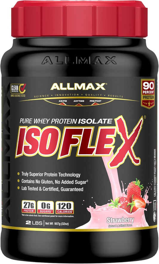 ALLMAX Nutrition ISOFLEX Strawberry Whey Protein Isolate - 2 lb Tub - 27g Protein Per Serving - Zero Fat & Sugar - 99% Lactose Free - Gluten & Soy Free - 30 Servings