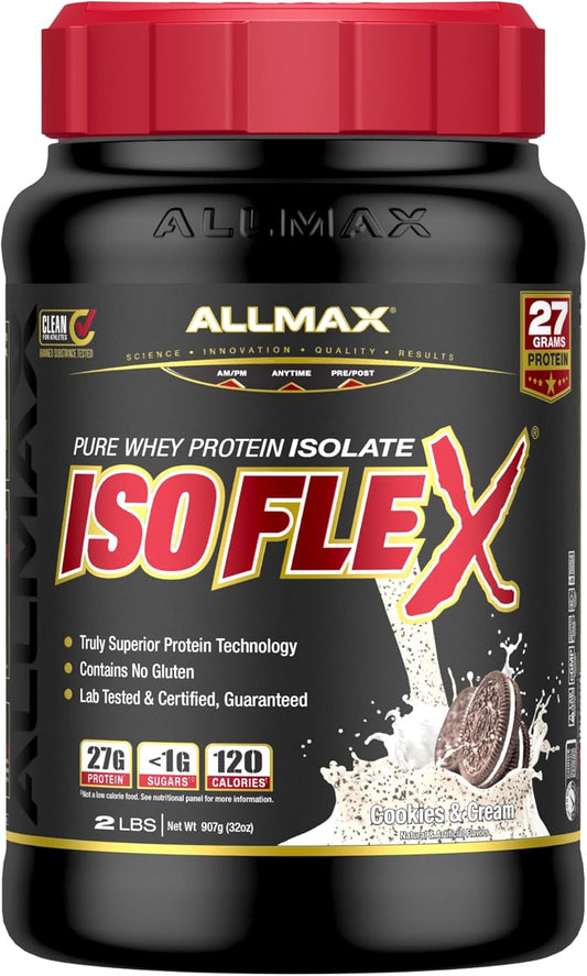 ALLMAX Nutrition ISOFLEX Whey Protein Isolate, Cookies & Cream - 2 lb - High Protein, Low Fat & Sugar - Lactose, Gluten & Soy Free - 30 Servings